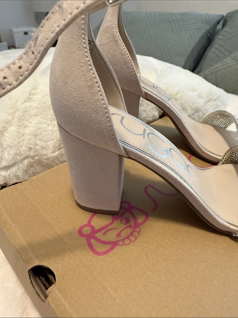 Sugar Rhinestone Nude Block Heel Sandals - Picture 6 of 11